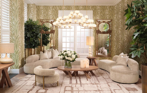 Warm Minimalism, Rooted in Earth- Luxurious living room with beige sofas, a coffee table, and decorative elements.