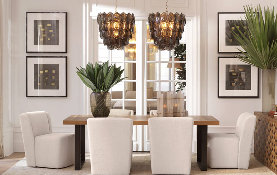 Dining room with a wooden table, white chairs, and decorative elements.